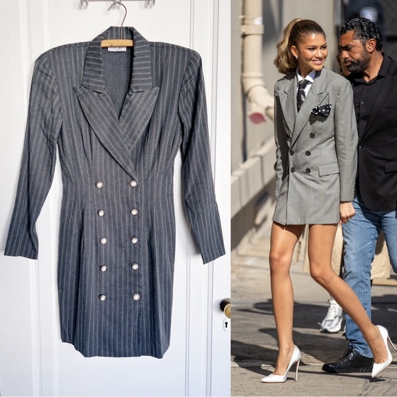 Vintage Dresses & Skirts - vintage • 1990s blazer mini dress double breasted grey pinstripe Zendaya